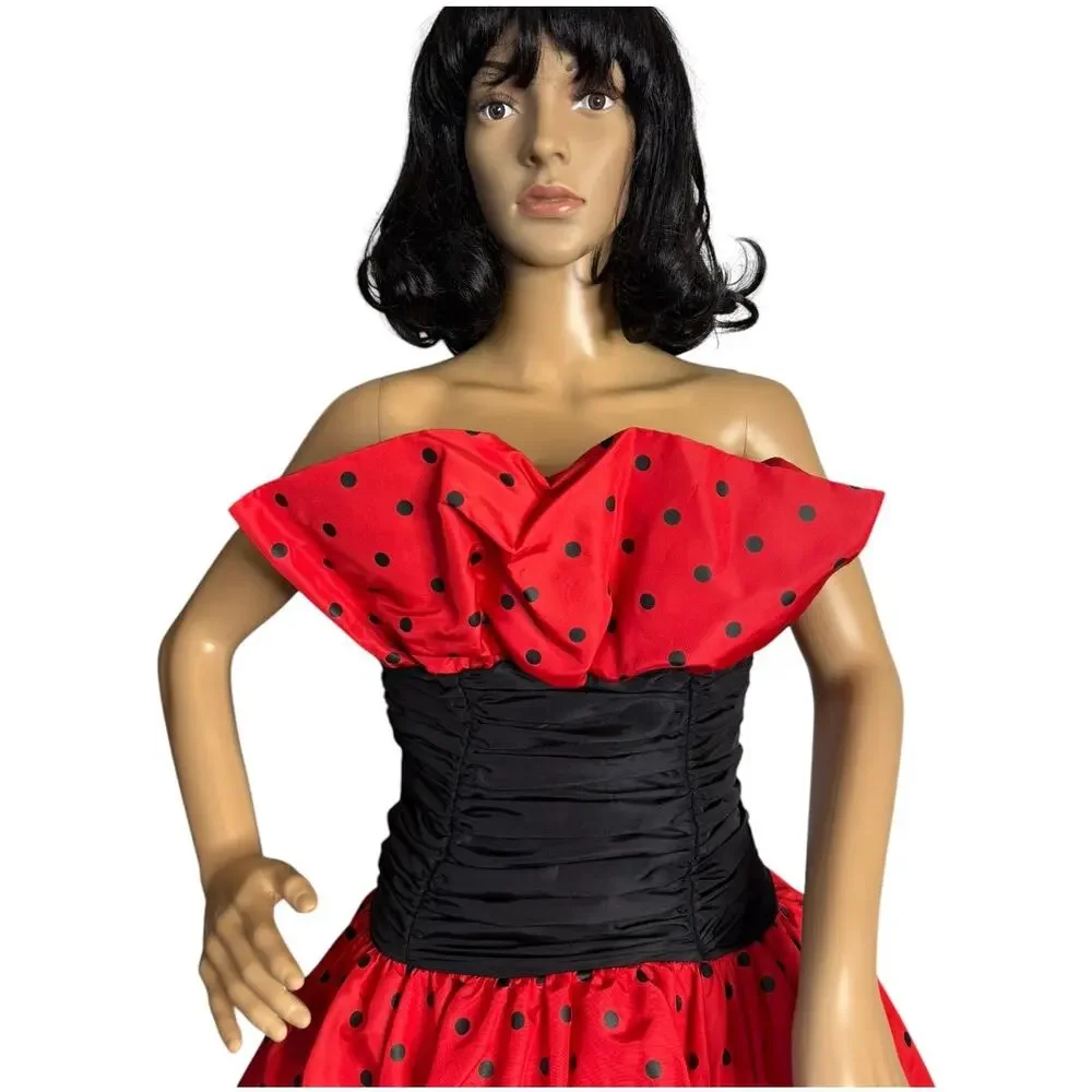 1980s Vintage Red Black Polka Dot Strapless Party Dress XS